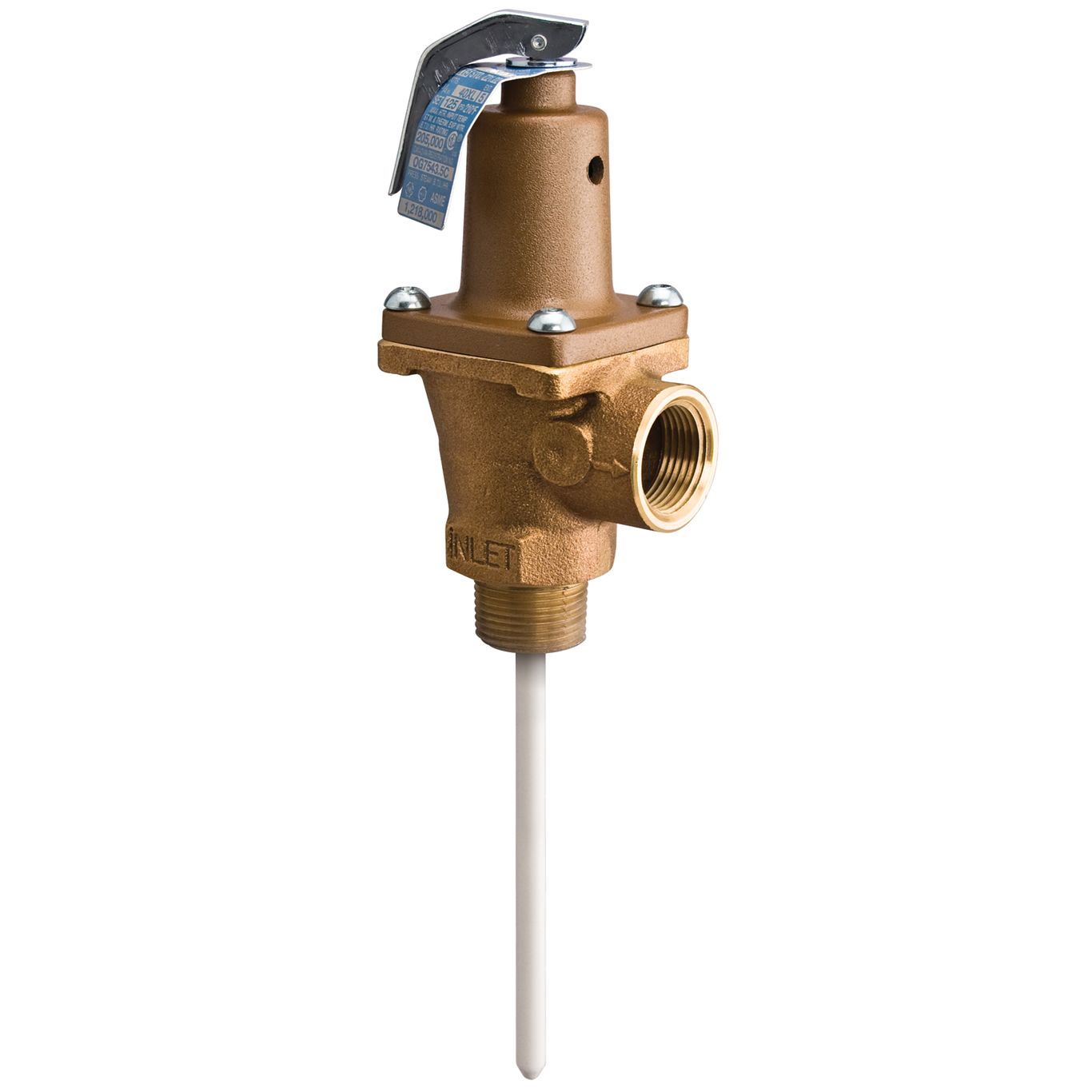 Watts 0156081 - 40XL-5-075-210-3/4 - 3/4" Automatic Bronze Reseating Temperature & Pressure Relief Valve, 75 PSI, 210 Degree F, with Test Lever, 5" Extended Thermostat