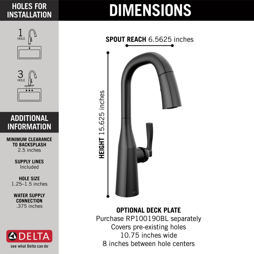 Delta 9976-BL-DST Stryke Single Handle Bar Faucet with Pulldown Sprayer in Matte Black Finish