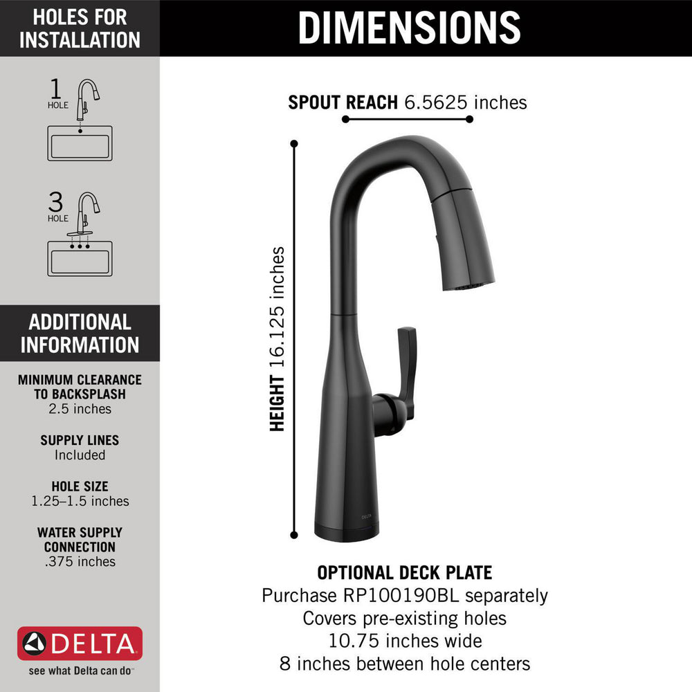 Delta 9976T-BL-DST 1-Handle Bar/Prep Faucet with Touch 2O Technology and Pulldown Sprayer in Matte Black