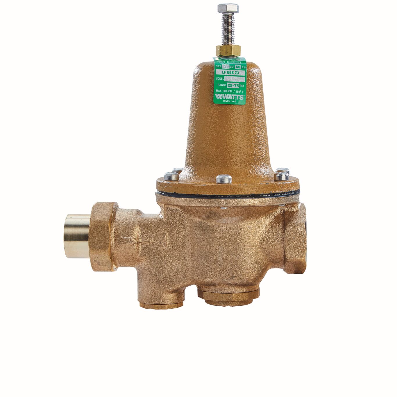 Watts 0009165 - LFU5B-S-G-Z3 1" Lead Free High Performance Water Pressure Reducing Valve with Solder Union Inlet X Female NPT and Gauge Tapping, Adjustable Pressure Range 25-75 PSI