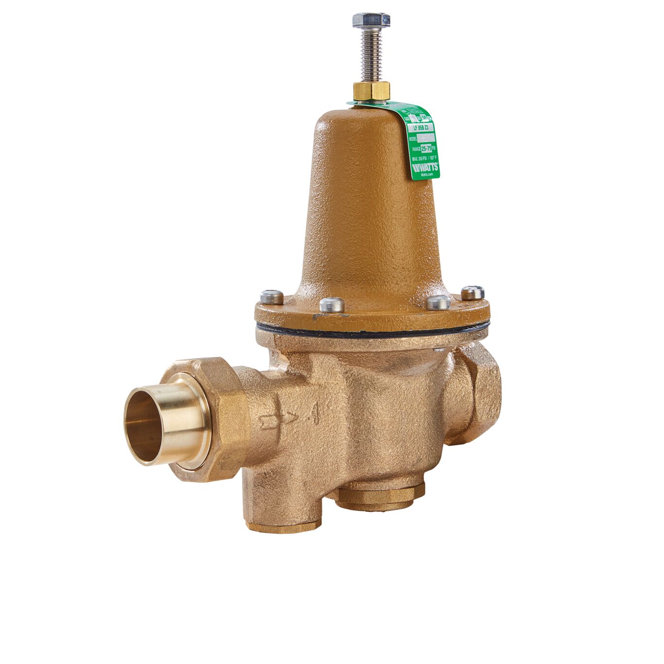 Watts 0009165 - LFU5B-S-G-Z3 1" Lead Free High Performance Water Pressure Reducing Valve with Solder Union Inlet X Female NPT and Gauge Tapping, Adjustable Pressure Range 25-75 PSI