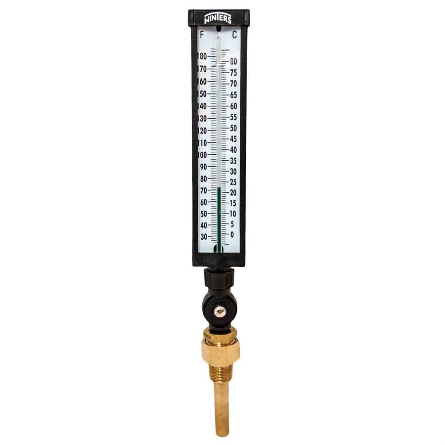 Winters TIM104 Industrial 9" Thermometer, 3.5" Stem, Valox Case, 30 to 180°F (0 to 80°C) with 3/4" NPT Brass Thermowell