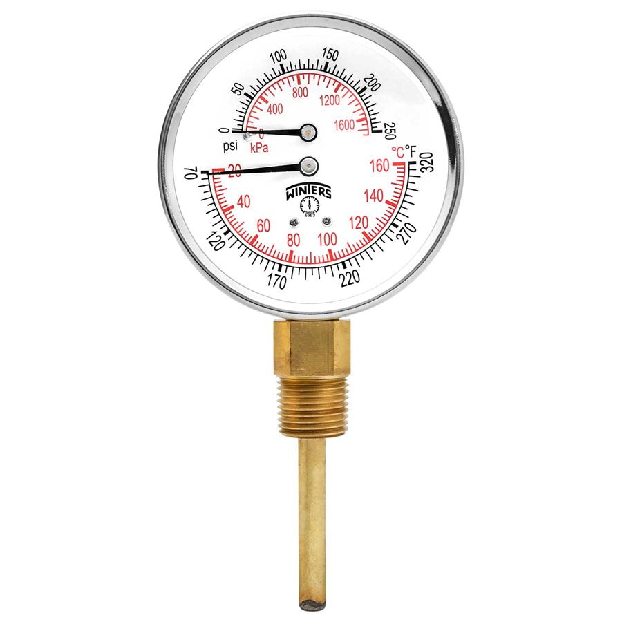 Winters TTD399 TTD Series Dual Scale Tridicator, 3'' Dial, 0-250 PSI/KPA & 70-320 F/C, 1/2'' NPT Connection, 2.5" Stem, Bottom Mount