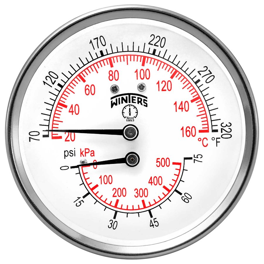 Winters TTD402 TTD Series Dual Scale Tridicator, 3'' Dial, 0-75 PSI/KPA & 70-320 F/C, 2.5" Stem, 1/2'' NPT Center Back Connection