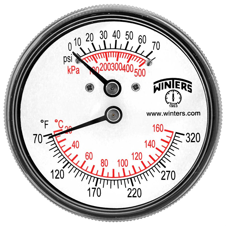 Winters TTD404 TTD Series Dual Scale Tridicator, 2.5'' Dial, 0-75 PSI/KPA & 70-320 F/C, 1/4''NPT Connection, 2" Stem, Center Back Mount