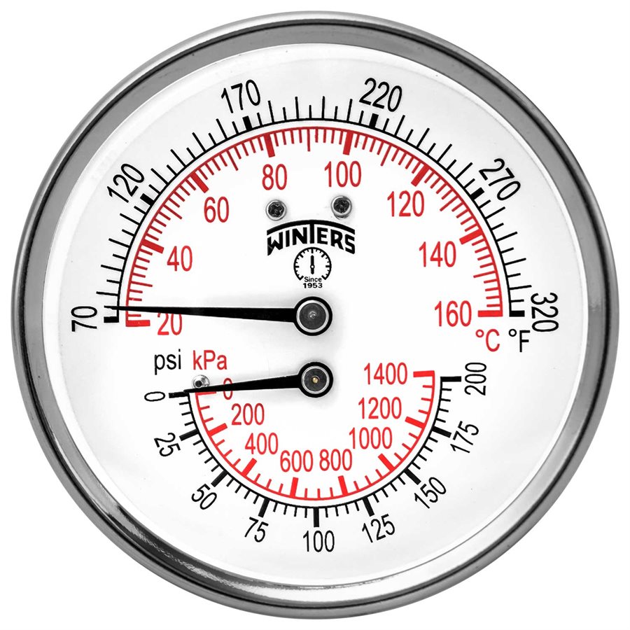 Winters TTD407 TTD Series Dual Scale Tridicator, 3'' Dial, 2.5" Stem, 0-200 PSI/KPA & 70-320 F/C, 1/2''NPT Connection, Center Back Mount