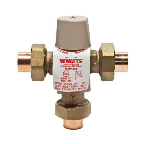 Watts 0559115 - LFMMV-US-M1-12 Lead Free Thermostatic Mixing Valve with 1/2" Solder Union End Connections and Temperature Range 80-120 F 