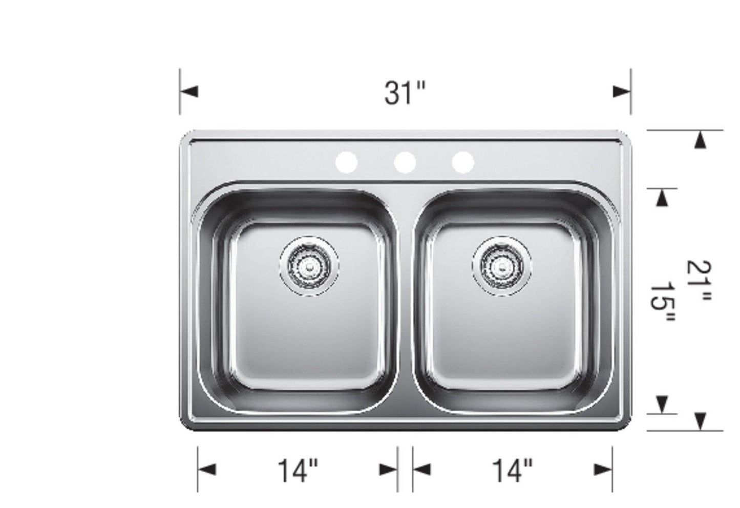 Blanco 400003 Essential 2 3-Hole Double Bowl Drop-In Kitchen Sink - Stainless Steel 