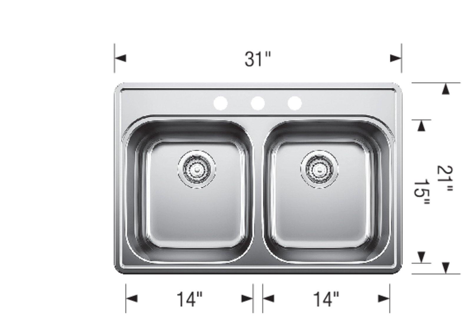 Blanco 400003 Essential 2 3-Hole Double Bowl Drop-In Kitchen Sink - Stainless Steel 