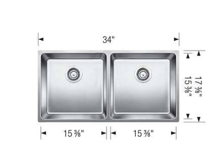 Blanco 401334 Andano U 2 Undermount Double Bowl Sink, Stainless Steel Satin Polish (36" Minimum Cabinet) 