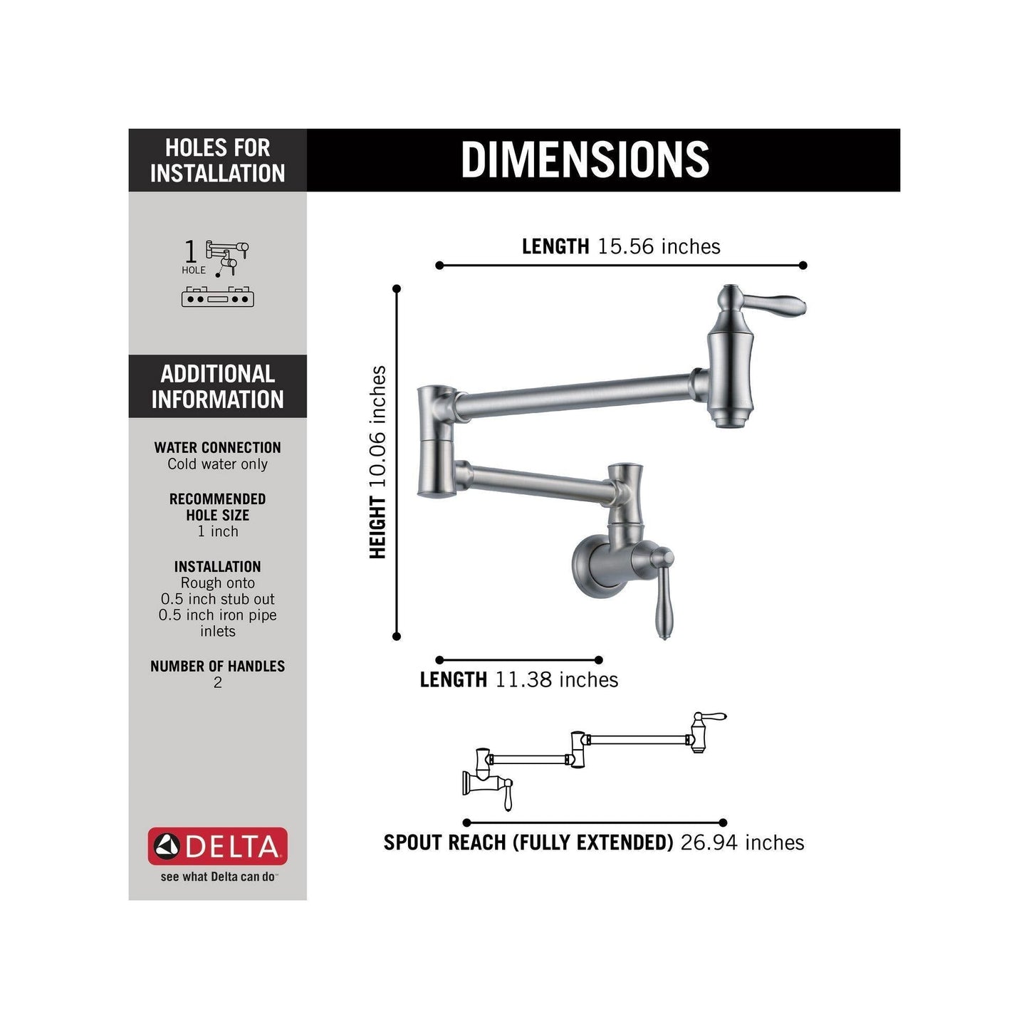 Delta 1177LF-AR Traditional Wall Mount Pot Filler - Arctic Stainless