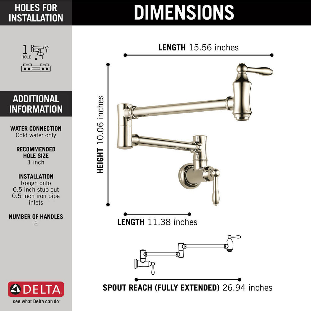 Delta 1177LF-PN Traditional Wall Mounted Pot Filler in Polished Nickel 