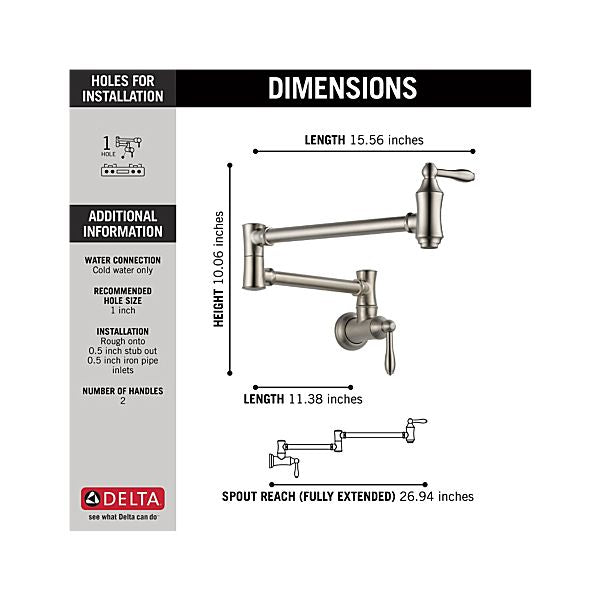 Delta 1177LF-SS Traditional Wall Mount Pot Filler in Stainless 