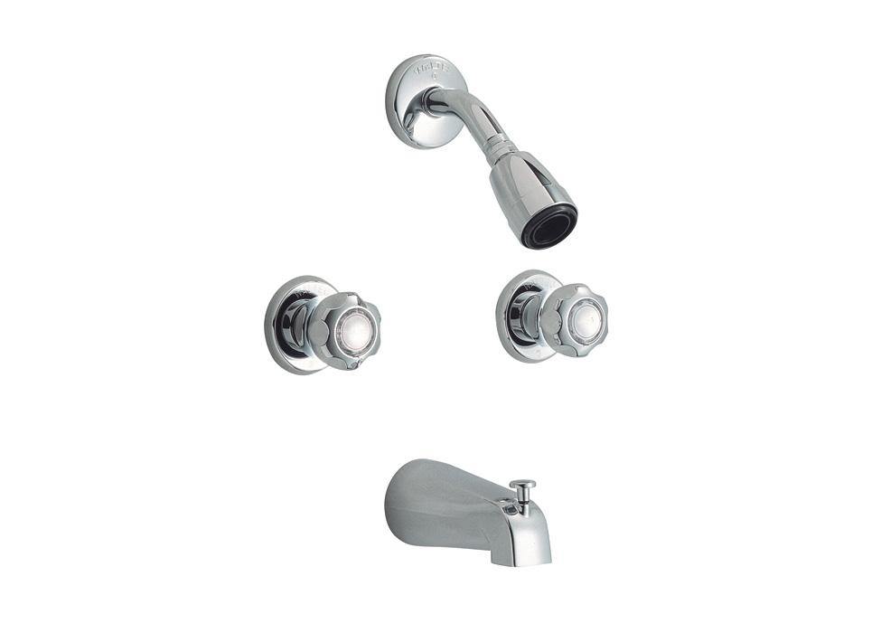 Waltec 82552 Two Handle Tub/Shower, fluted handles, Touch-Clean® showerhead - Chrome 