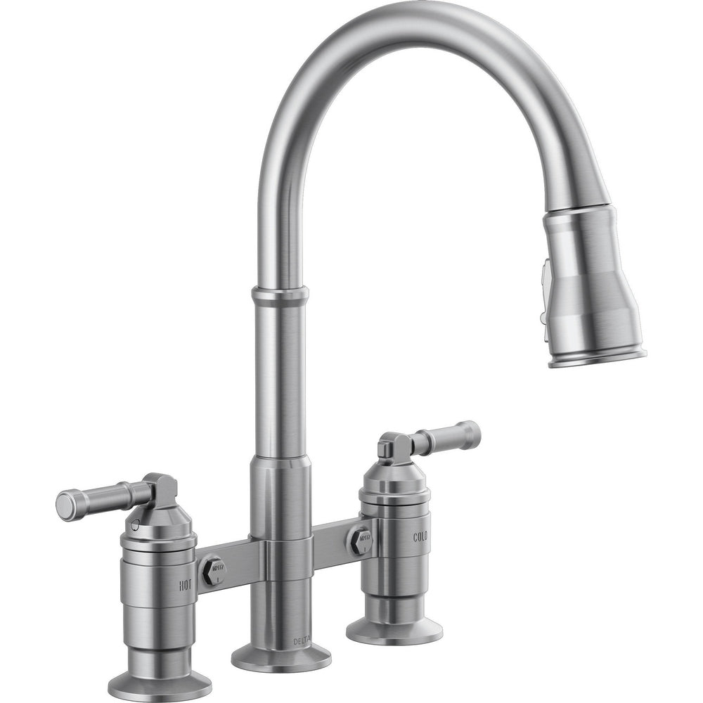 Delta 2390L-AR-DST Broderick 2-Handle Widespread Bridge Kitchen Faucet with Pulldown Sprayer in Arctic Stainless | Plumbers Center