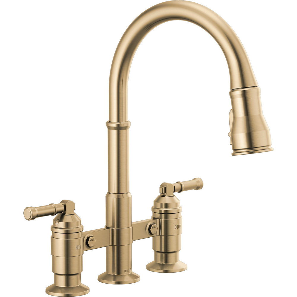 Delta 2390L-CZ-DST Broderick 2-Handle Widespread Bridge Kitchen Faucet with Pulldown Sprayer in Champagne Bronze finish | Plumbers Center