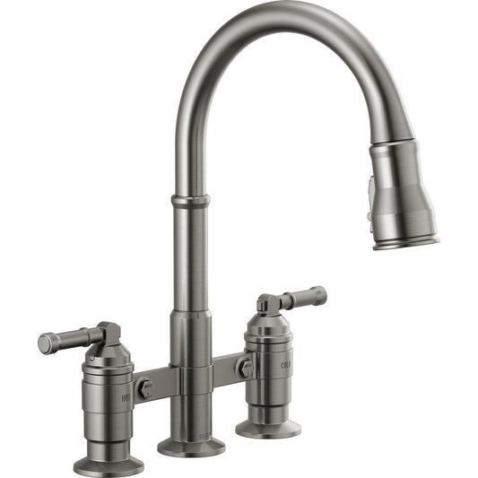 Delta 2390L-KS-DST Broderick 2-Handle Widespread Bridge Kitchen Faucet with Pulldown Sprayer in Black Stainless Finish | Plumbers Center