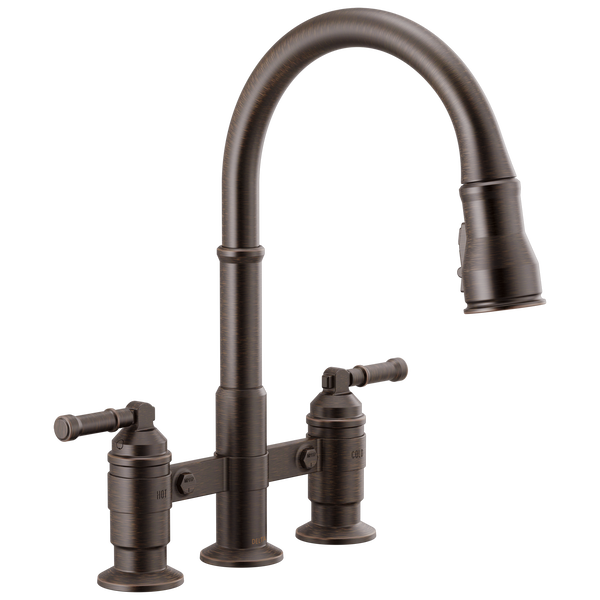 Delta 2390L-RB-DST Broderick 2-Handle Widespread Bridge Kitchen Faucet with Pulldown Sprayer in Venetian Bronze Finish | Plumbers Center