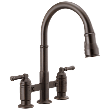 Delta 2390L-RB-DST Broderick 2-Handle Widespread Bridge Kitchen Faucet with Pulldown Sprayer in Venetian Bronze Finish | Plumbers Center