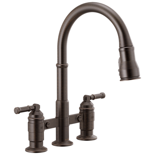 Delta 2390L-RB-DST Broderick 2-Handle Widespread Bridge Kitchen Faucet with Pulldown Sprayer in Venetian Bronze Finish | Plumbers Center