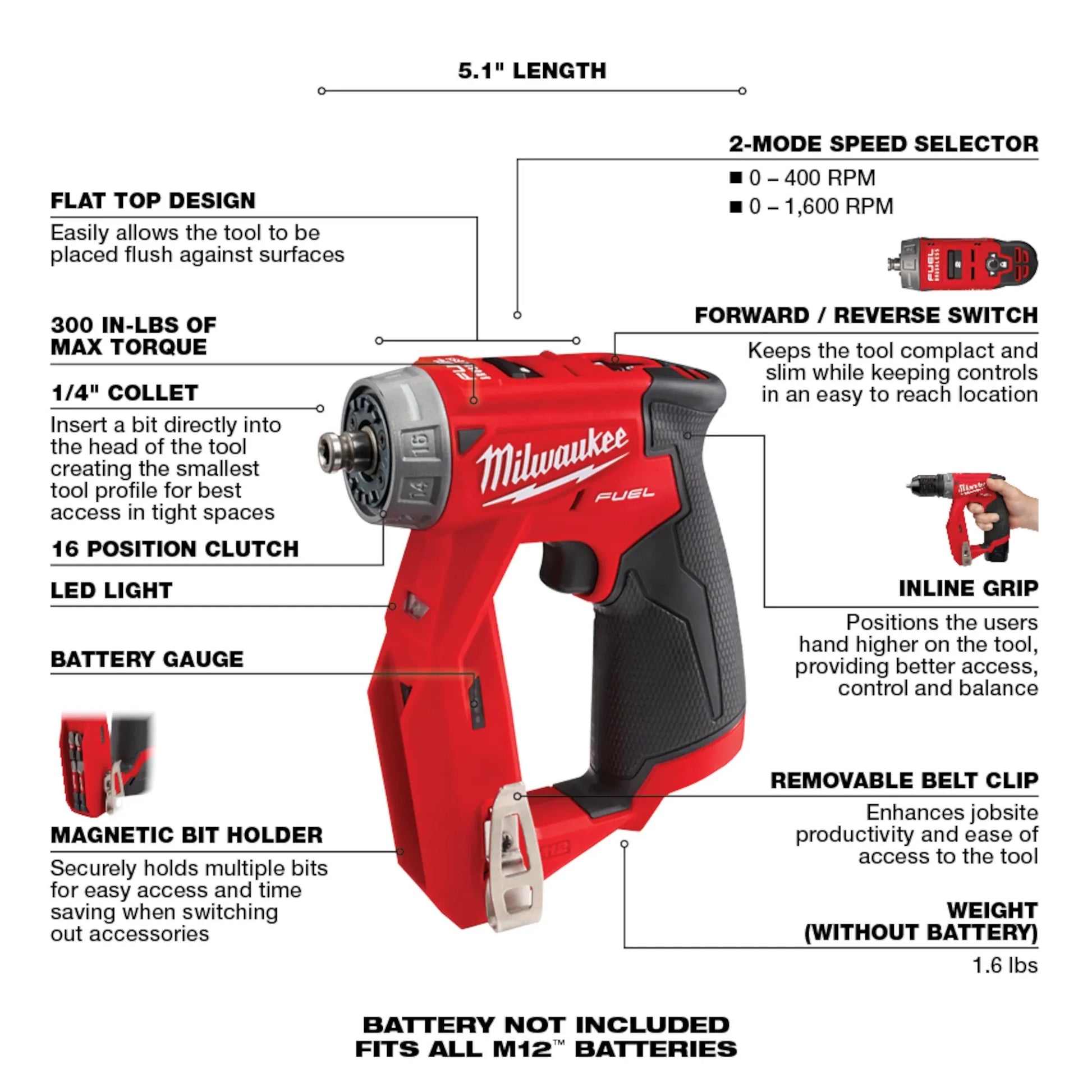 Milwaukee 2505-20 M12 FUEL 12V Li-Ion Brushless 4-in-1 Cordless Installation Drill/Driver with 4 Tool Heads (Tool-Only) 