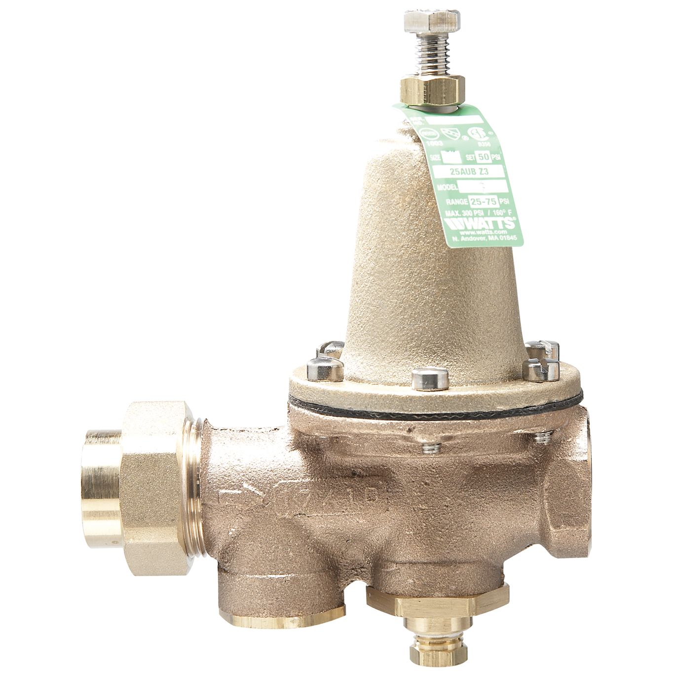 Watts 0009328 - LF25AUB-G-Z3-1" - Water Pressure Reducing Valve with 1" NPT Female Union x 1" NPT Female Ends, Polymer Seat, Gauge Tapping, Adjustable Pressure Range 25-75 PSI (Lead Free) 