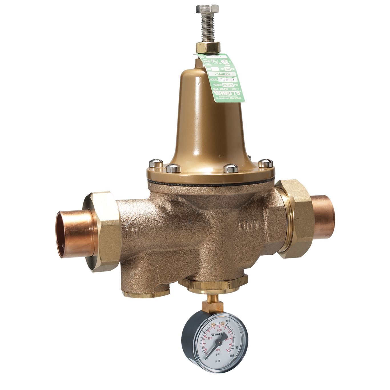 Watts 0009240 - LF25AUB-S-DU-GG-Z3 1/2" Lead Free Water Pressure Reducing Valve with Double Union Solder End Connections, Gauge Tapping & 160 PSI Gauge, Adjustable Pressure Range 25-75 PSI 