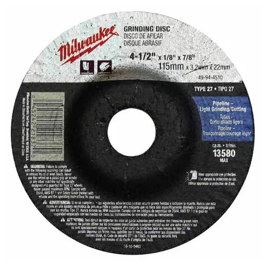 Milwaukee 49-94-4510 - 4-1/2" x 1/8" x 7/8" Grinding Wheel (A30S Type 27) for Pipeline Light Grind/Cutting | Plumbers Center