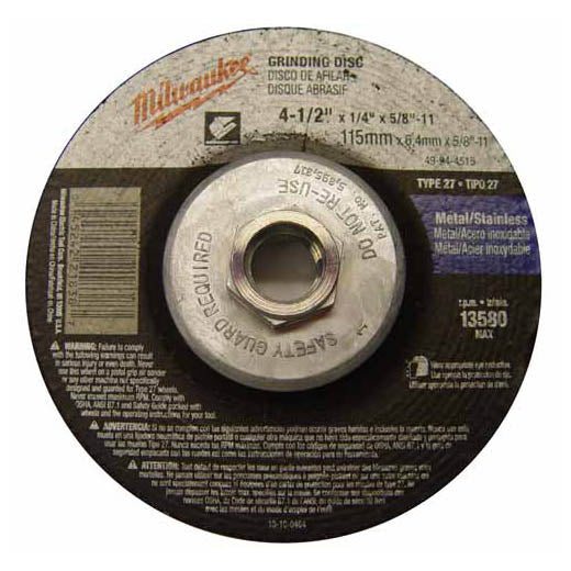 Milwaukee 49-94-4515 - 4-1/2" x 1/4" x 5/8-11" Grinding Wheel (A24R Type 27) for Metal/Stainless Grinding | Plumbers Center