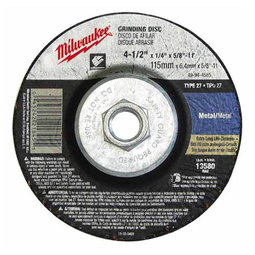 Milwaukee 49-94-4585 - 4-1/2" x 1/4" x 5/8-11" Grinding Wheel (ZA24R Type 27) for Metal Grinding | Plumbers Center