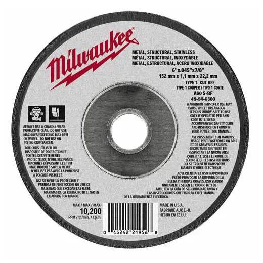 Milwaukee 49-94-6300 - 6" x .045" x 7/8" Cut-Off Wheel (Type 1) for Metal/Stainless Cutting | Plumbers Center