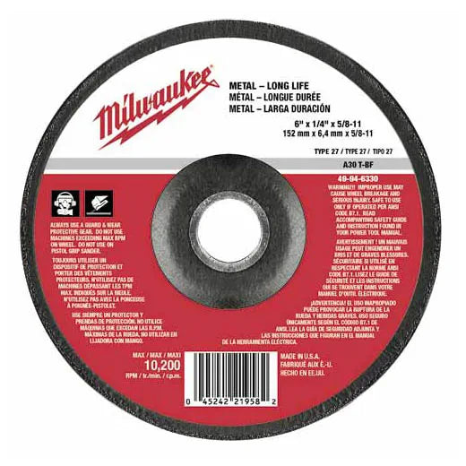 Milwaukee 49-94-6330 - 6" x 1/4" x 5/8-11" Grinding Wheel (A24R Type 27) for Metal/Stainless Grinding | Plumbers Center