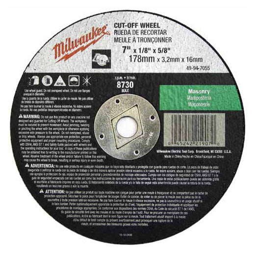 Milwaukee 49-94-7055 - 7" x 1/8" x 5/8" Cut-Off Wheel (Type 1) for Masonry Cutting | Plumbers Center