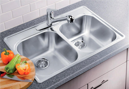 Blanco 400003 Essential 2 3-Hole Double Bowl Drop-In Kitchen Sink - Stainless Steel 