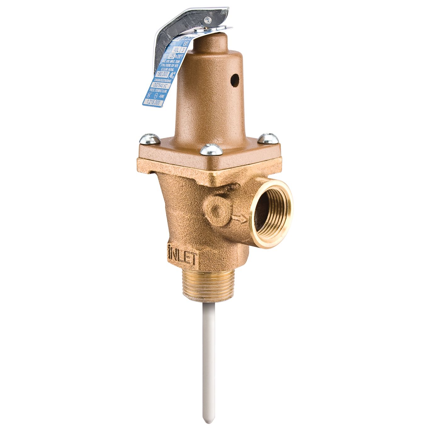 Watts 0152920 - 40L-075-210-1 - 1" Bronze Automatic Reseating Temperature & Pressure Relief Valve, 75 PSI, 210 Degree F, Test Lever, 3" Extended Thermostat 