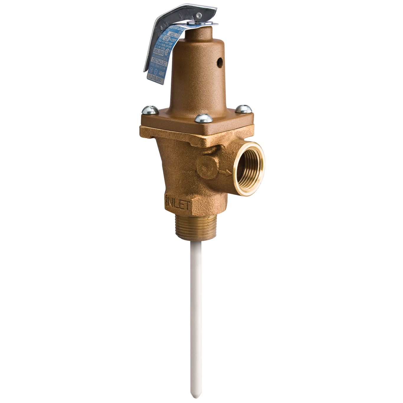 Watts 0156081 - 40XL-5-075-210-3/4 - 3/4" Automatic Bronze Reseating Temperature & Pressure Relief Valve, 75 PSI, 210 Degree F, with Test Lever, 5" Extended Thermostat 