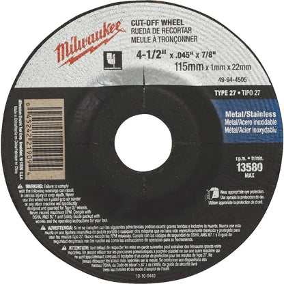 Milwaukee 49-94-4505 - 4-1/2" x .045" x 7/8" Cut-Off Wheel (Type 27) for Metal/Stainless Grinding (A60T) | Plumbers Center