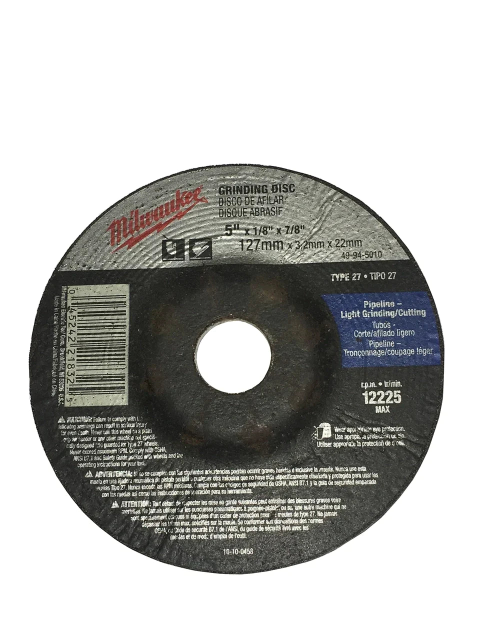 Milwaukee 49-94-5010 - 5" x 1/8" x 7/8" Grinding Wheel (Type 27) for Pipeline - Light Grind/Cutting | Plumbers Center