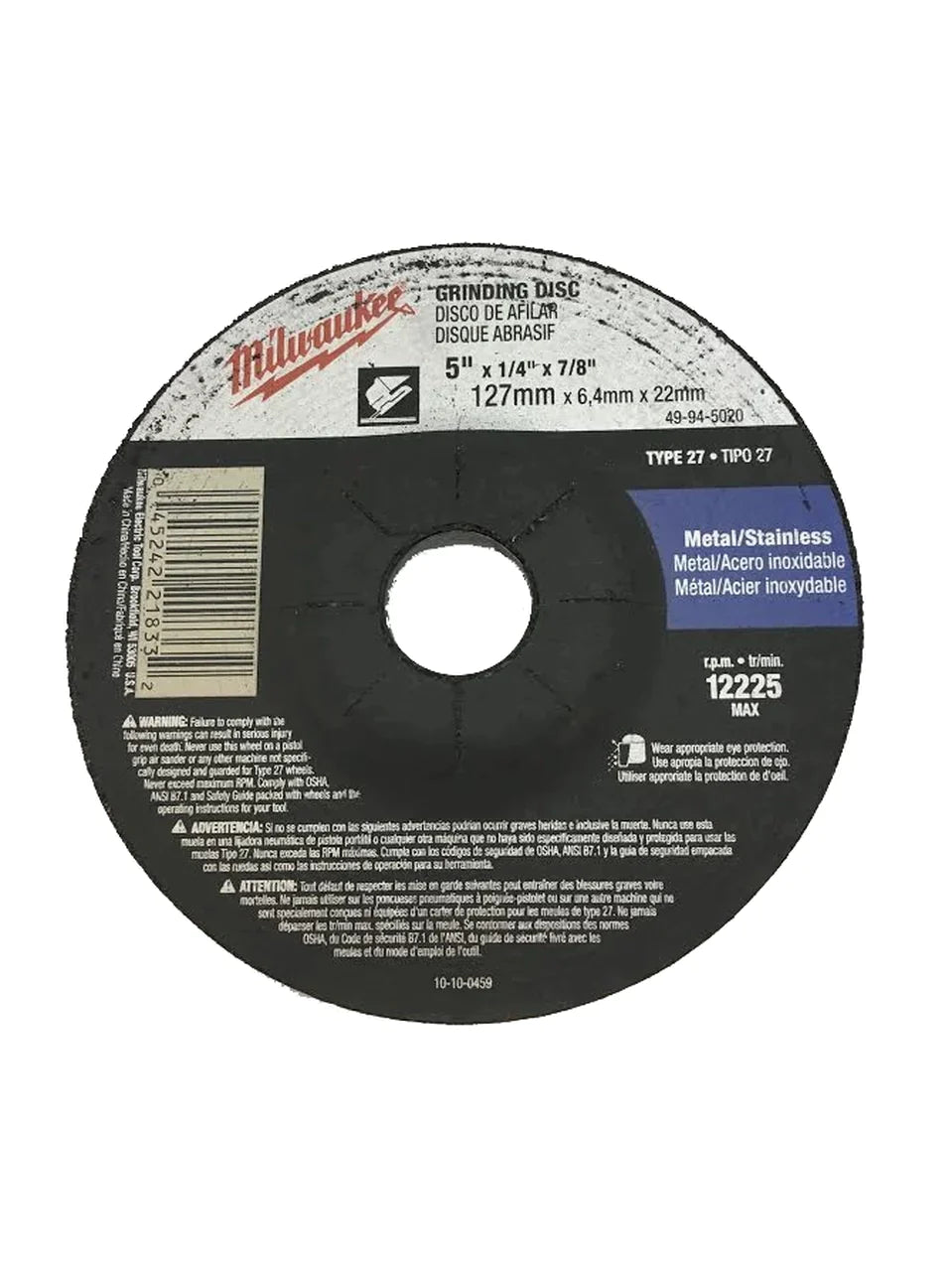 Milwaukee 49-94-5020 - 5" x 1/4" x 7/8" Grinding Wheel (Type 27) for Metal/Stainless Grinding | Plumbers Center