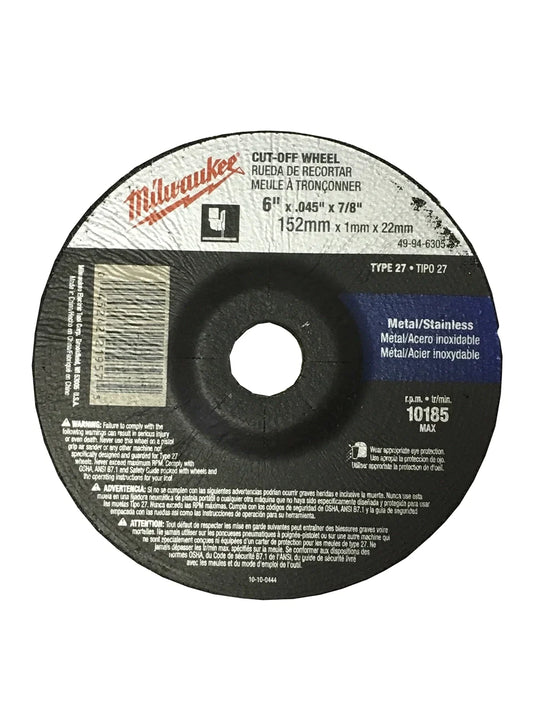 Milwaukee 49-94-6305 - 6" x .045" x 7/8" Cut-Off Wheel (Type 27) for Metal/Stainless Grinding | Plumbers Center