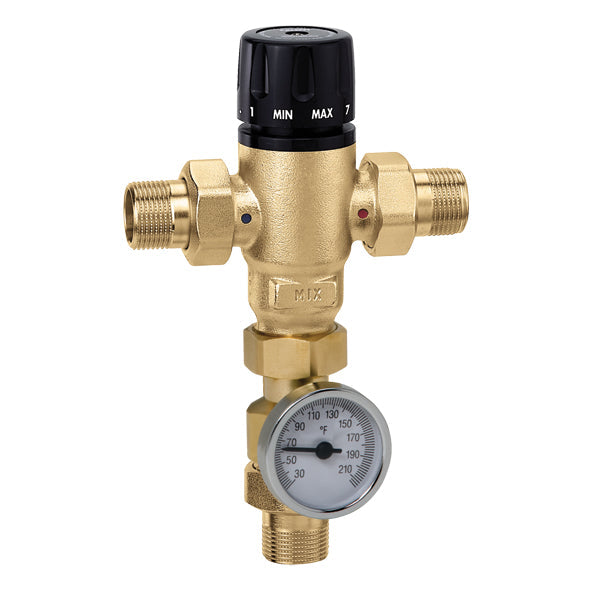 Caleffi 521510AC 3/4" Male NPT MIXCAL 3-Way Adjustable Thermostatic Mixing Valve with Temp Gauge & Inlet Check Valves | Plumbers Center