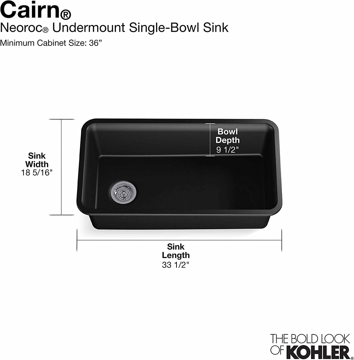 Kohler K-8206-CM1 - Cairn Neoroc Undermount Single-Bowl Kitchen Sink with Rack, 33-1/2" x 18-5/16" x 10-1/8", Matte Black 