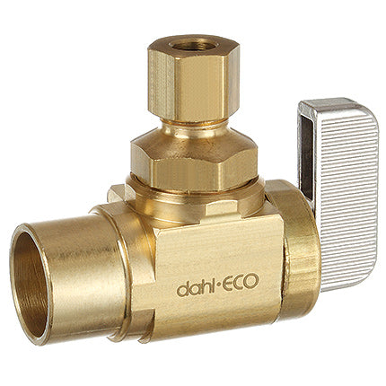 Dahl Valve 621-13-30 Lead Free Rough Brass 1/2" Female Solder X 1/4" OD Compression, Supply Stop Mini-Ball Valves (Angle) | Plumbers Center