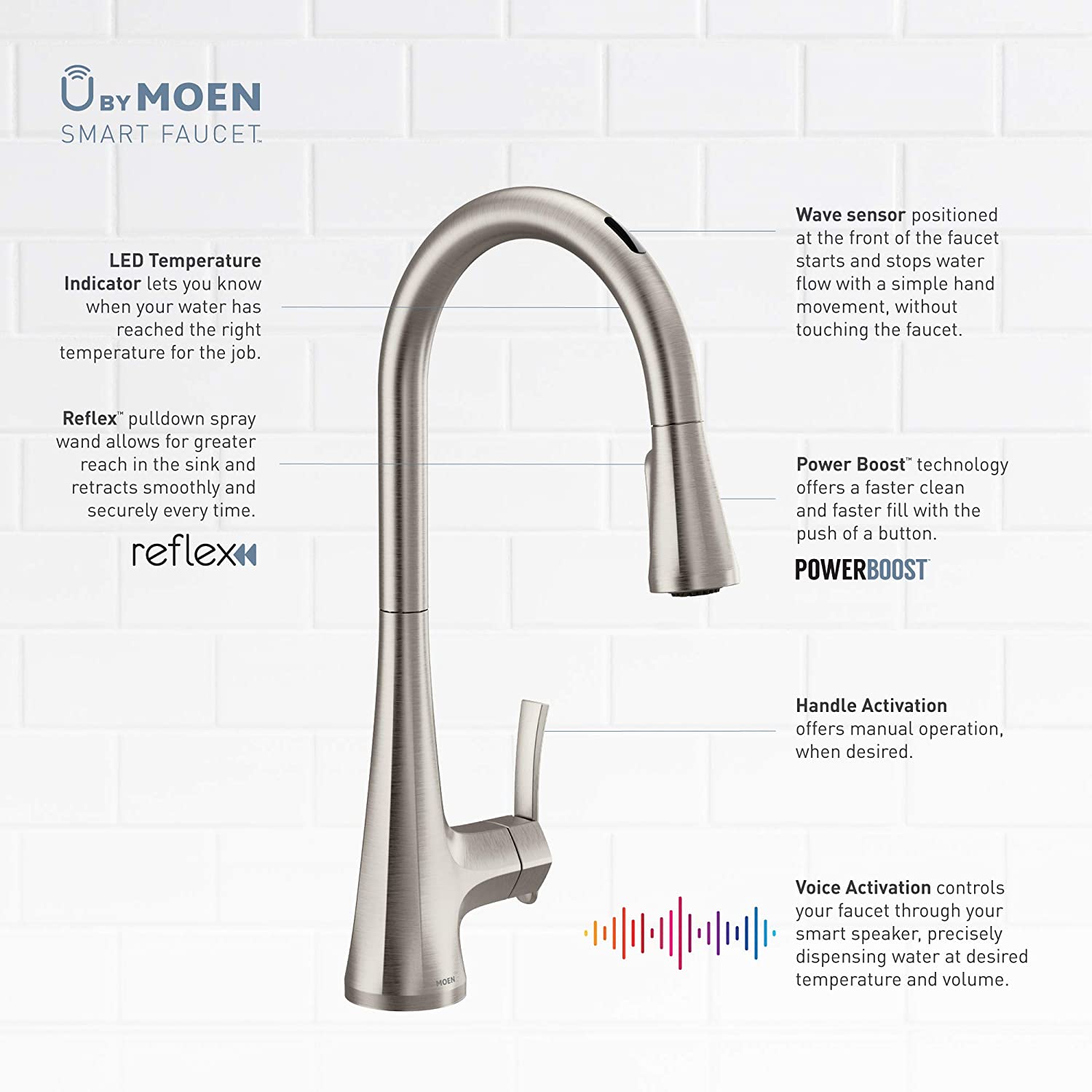 Moen S7235EVNL Sinema U By Moen Smart Single-Handle Pull-Down Sprayer Kitchen Faucet with Voice Control and Power Clean in Polished Nickel 