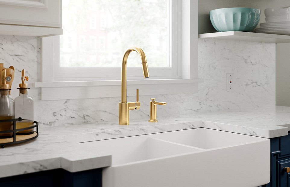 Moen 7565BG Align 1-Handle High Arc Pulldown Kitchen Faucet with Sprayer in Brushed Gold