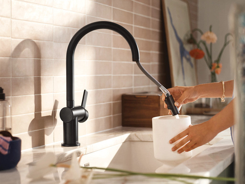 Moen 7622BL Cia Single-Handle High Arc Kitchen Faucet with Pull-Down Power Boost Sprayer, Matte Black 