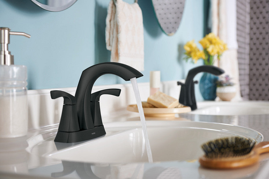 Moen 84506BL Lindor 4"Centerset Two-Handle High Arc Bathroom Faucet in Matte Black 