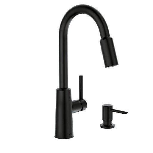 Moen 87066BL Nori Single Handle High Arc Kitchen Faucet with Pulldown Sprayer and Soap Dispenser - Matte Black 