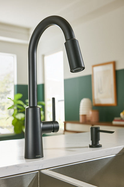 Moen 87066BL Nori Single Handle High Arc Kitchen Faucet with Pulldown Sprayer and Soap Dispenser - Matte Black 