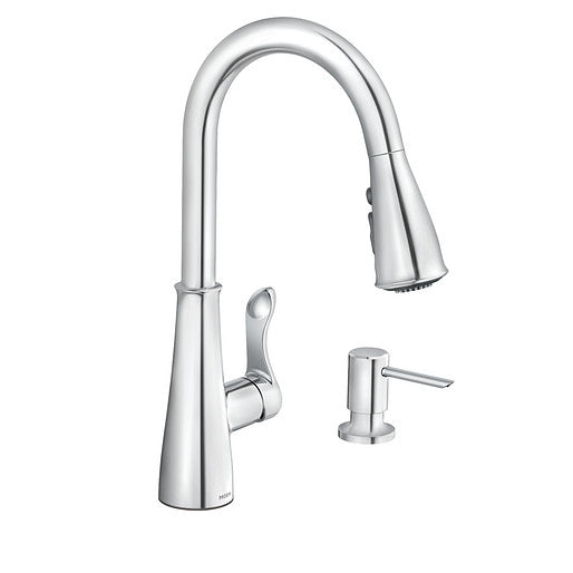 Moen 87245 Hadley 1-Handle High Arc Kitchen Faucet with Power Boost Clean Pulldown Sprayer and Soap Dispenser in Chrome 